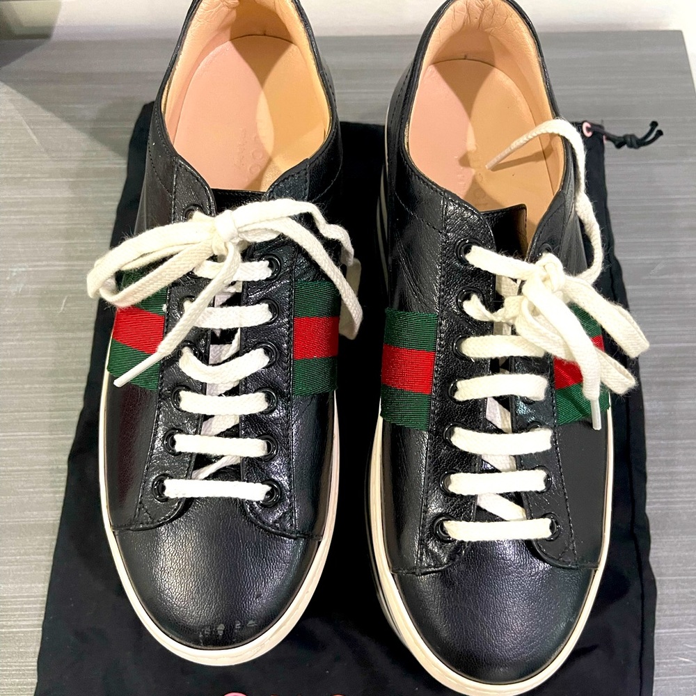 Gucci Shoes | Leather Peggy Wedge Platform Sneakers